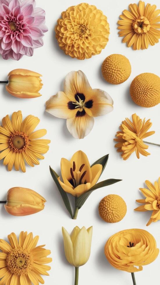 Collection beautiful head yellow flowers of rose dahlia dsy gerbera poppy tigridia tulip lily isolated on white background beautiful floral delicate composition flat lay top view photo