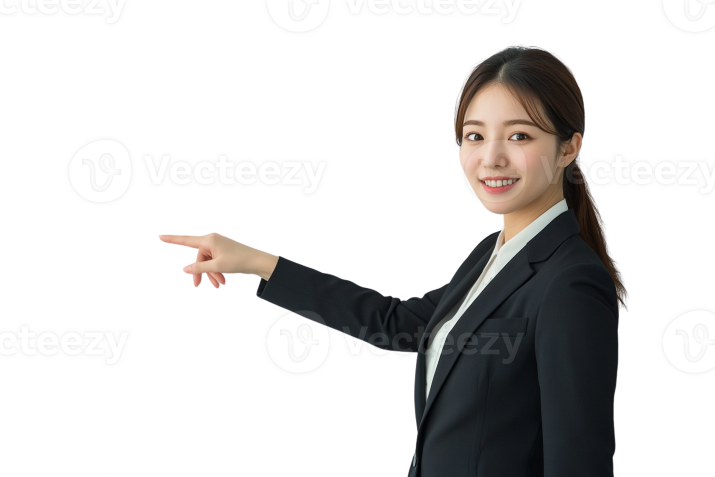 Woman pointing at something for design png