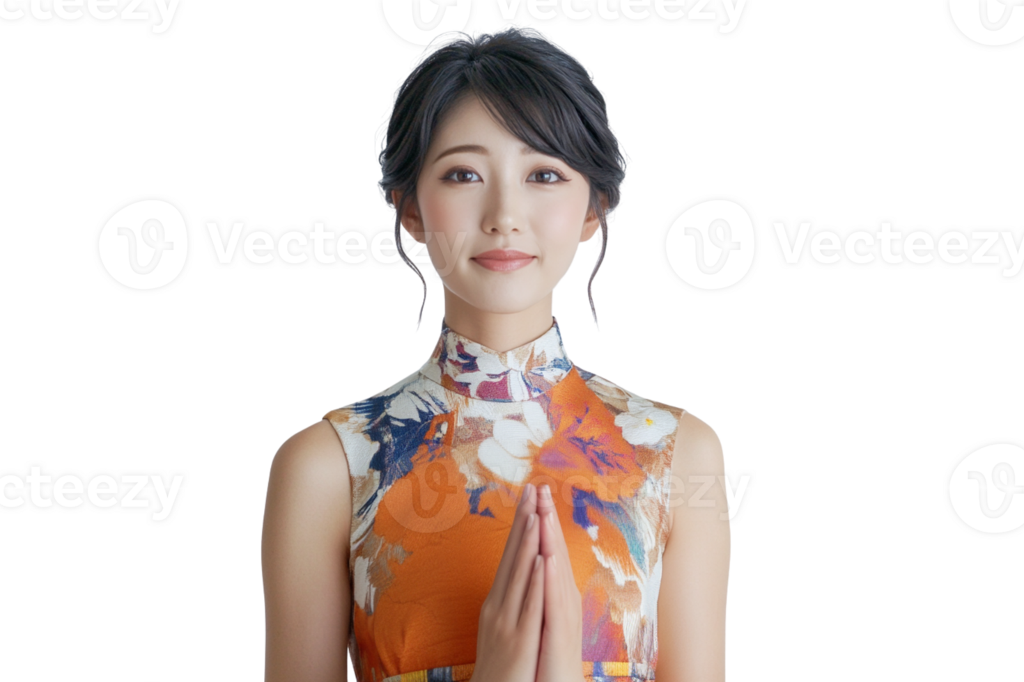 Japanese girl in kimono with her hands clasped in prayer png