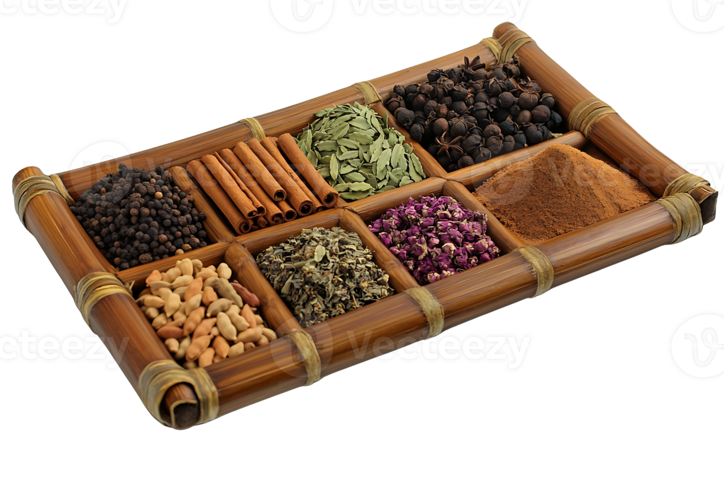Tray of dried herbs isolate on transparent background. png