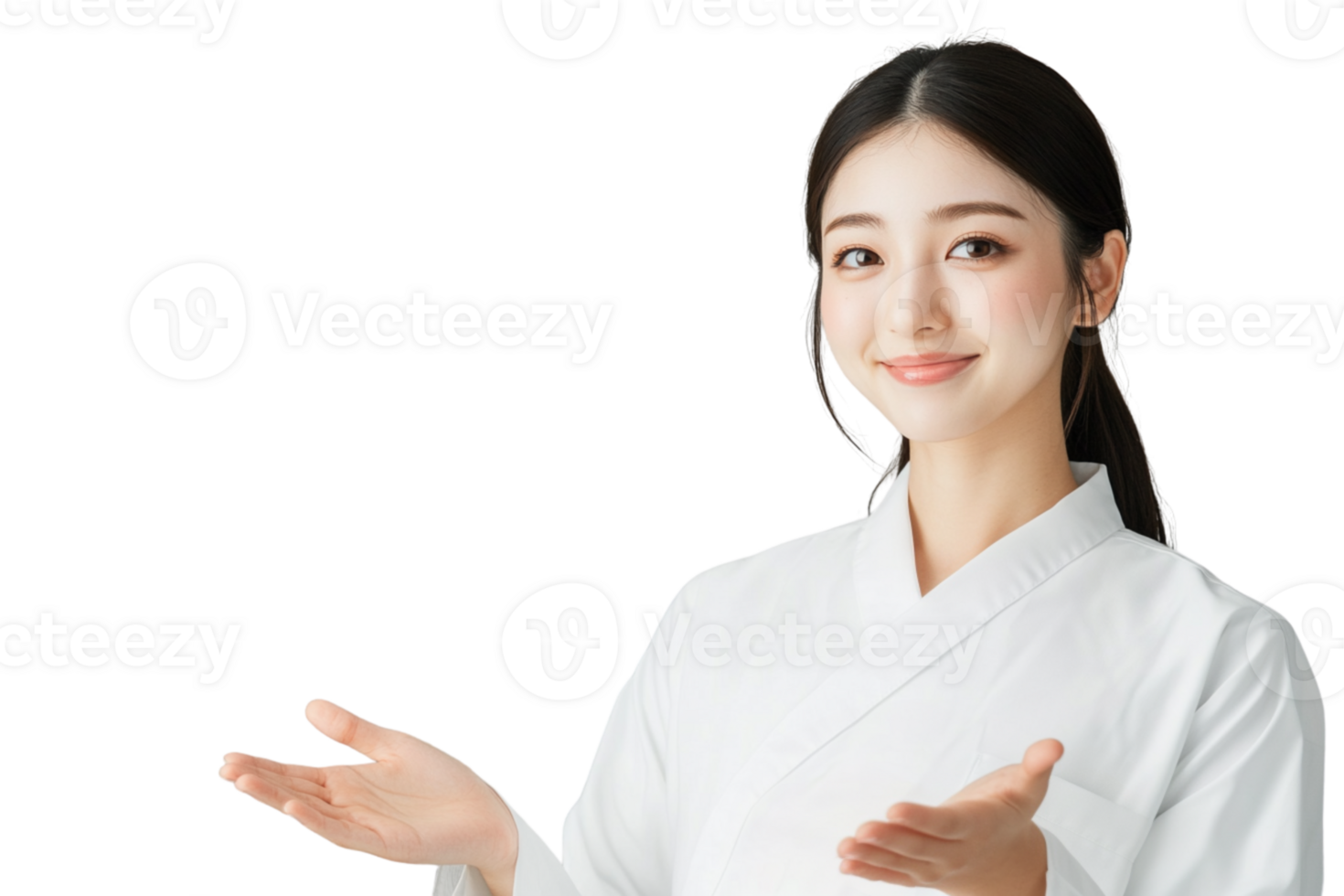 Japanese girl in kimono showing something for your design isolate on transparent background png