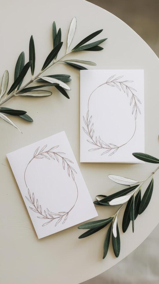 Two cards with olive leaves on a table photo