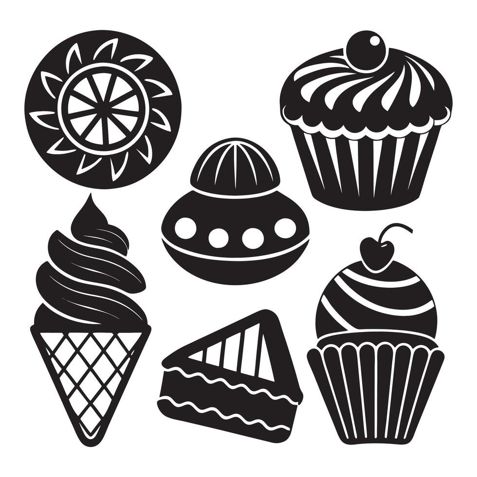 a set of black and white icons of different types of desserts vector