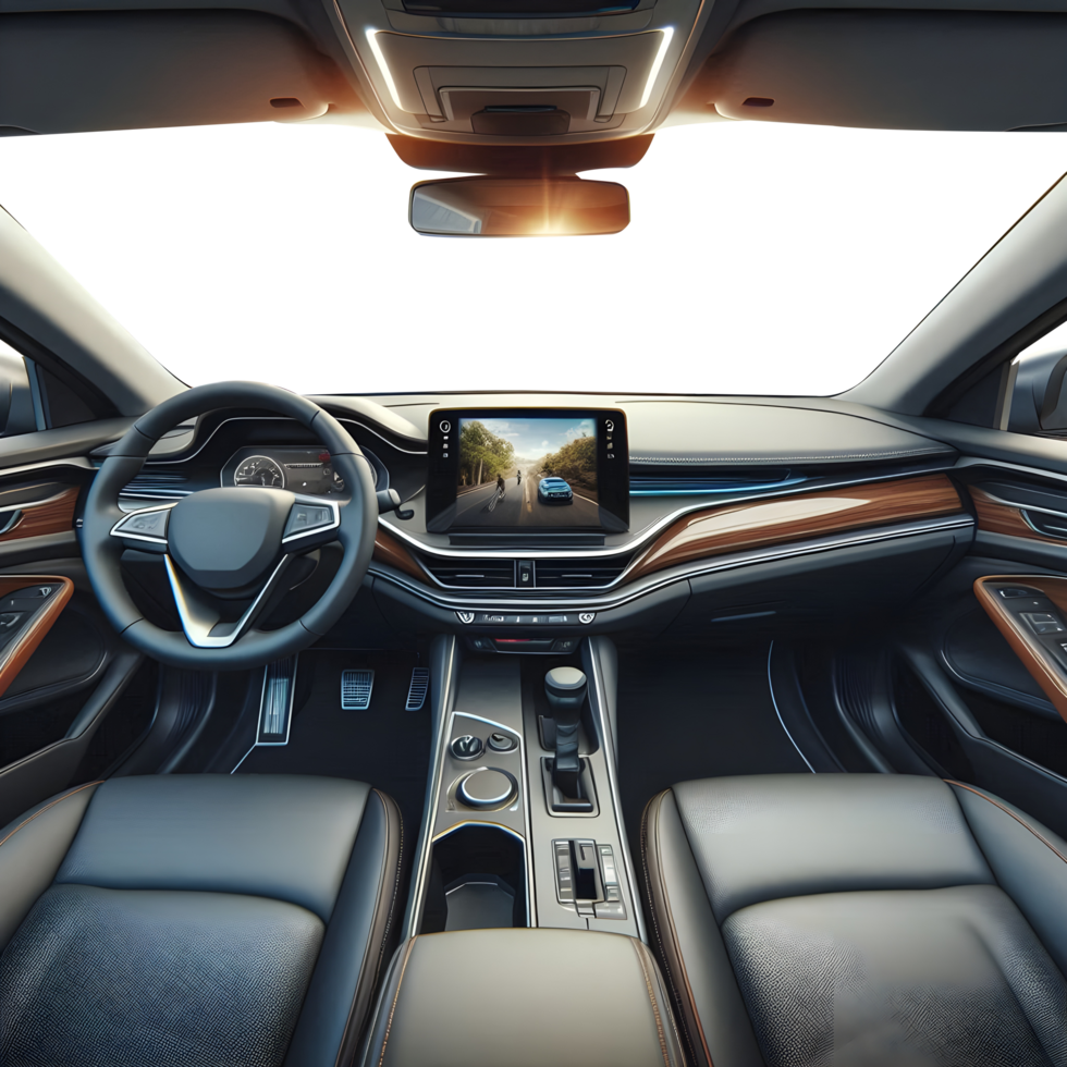 The interior of a car with a dashboard and steering wheel png