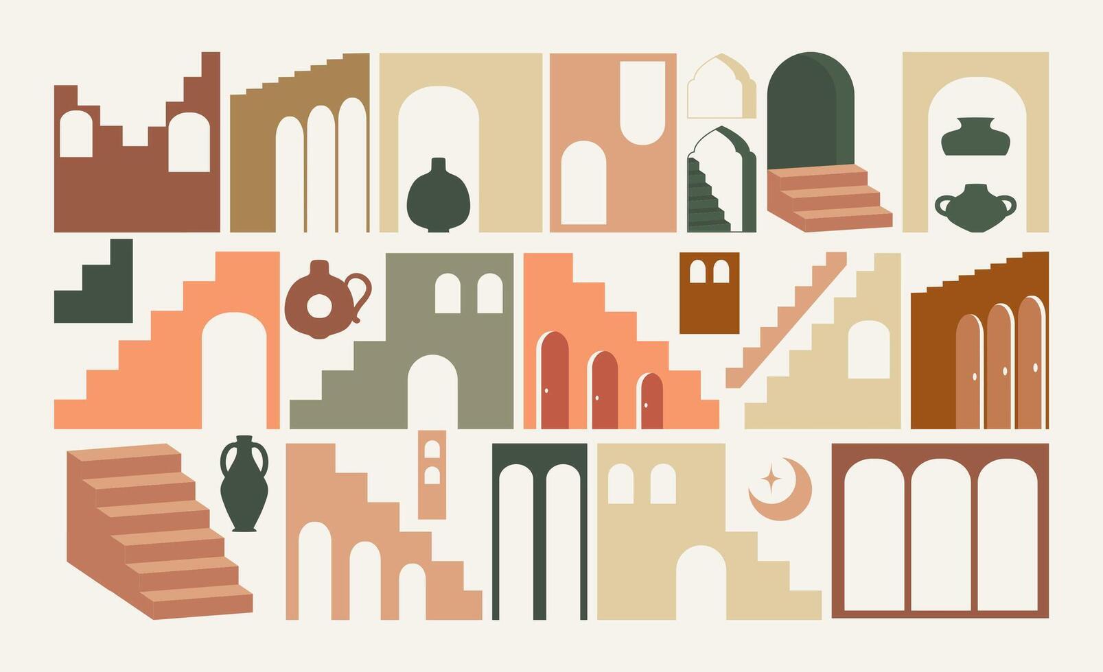 Moroccan architecture decorative elements. Morocco buildings, arched gates, walls, horizontal decor vector