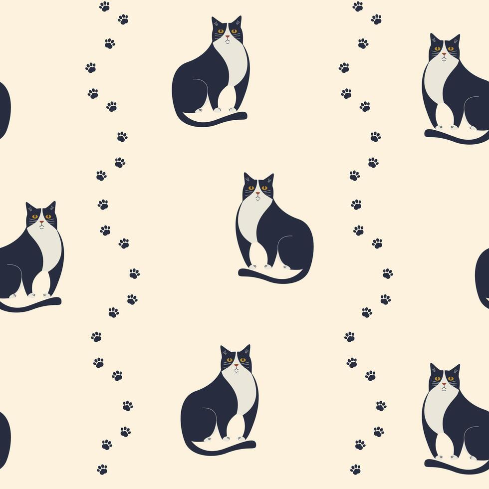 illustration with cute cartoon cats pattern. Pastel colors background and black cat repetition art vector