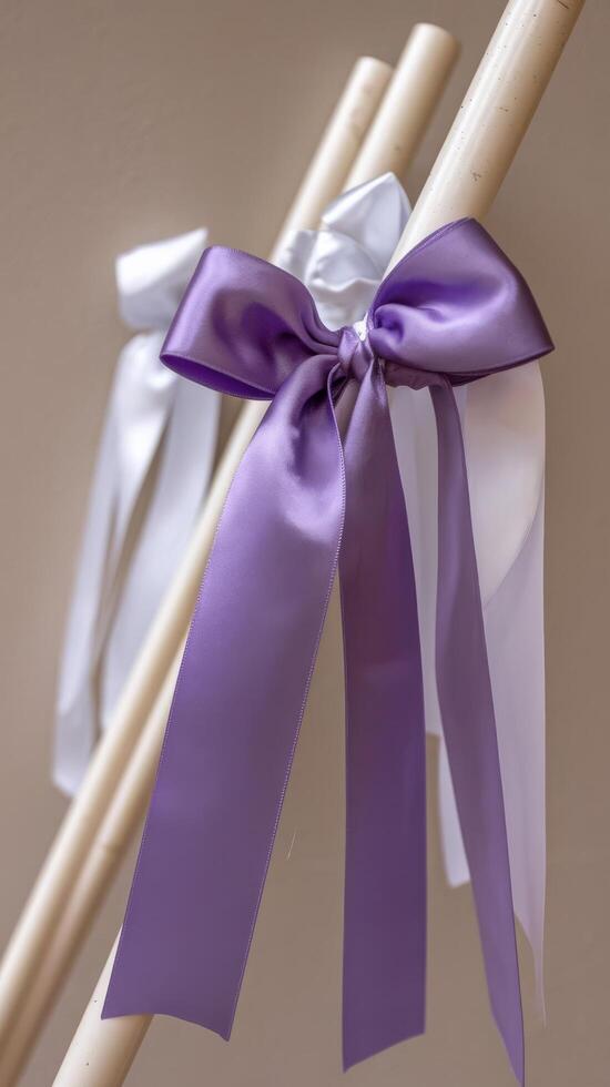 Two wooden sticks with purple ribbons tied to them photo