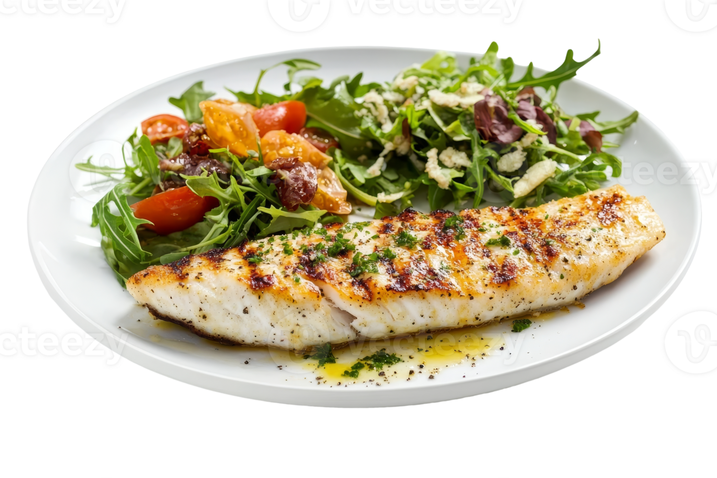 Grilled fish fillet served with fresh salad on a white plate png