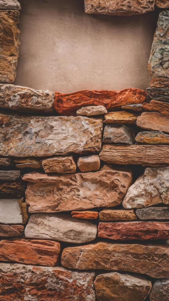 A wall made of stone with a window in it photo
