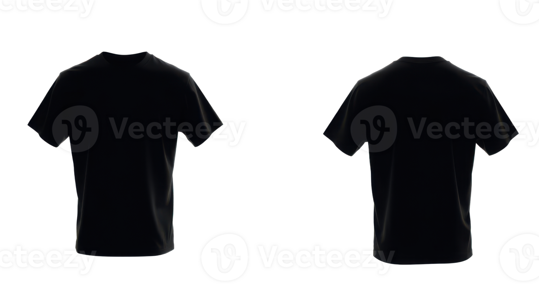 Isolated black t-shirt, displayed with both front and back views, against a transparent background. Plain design. png