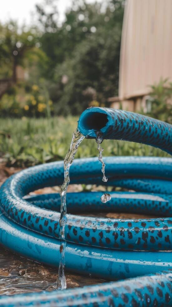 A blue hose with a water stream coming out of it photo