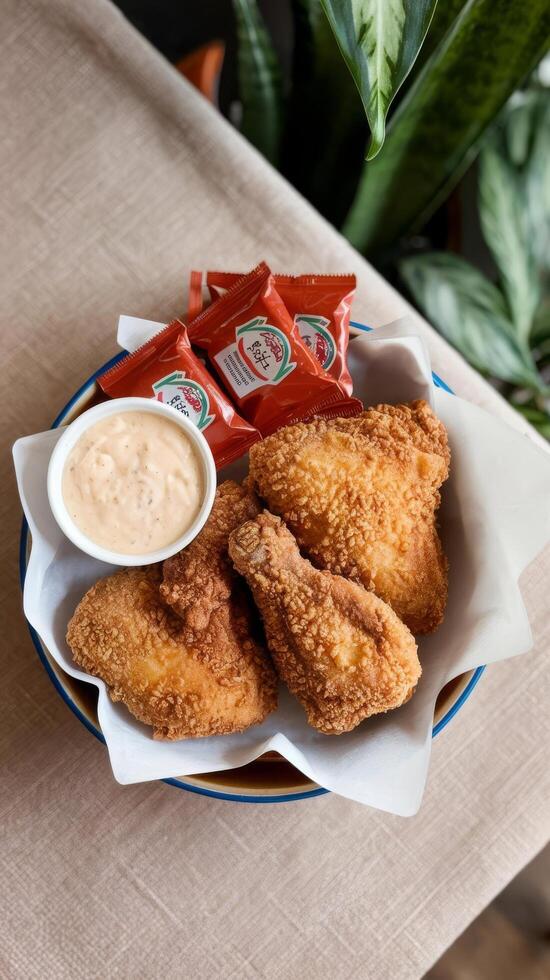 A plate of fried chicken with dipping sauce and a plant photo