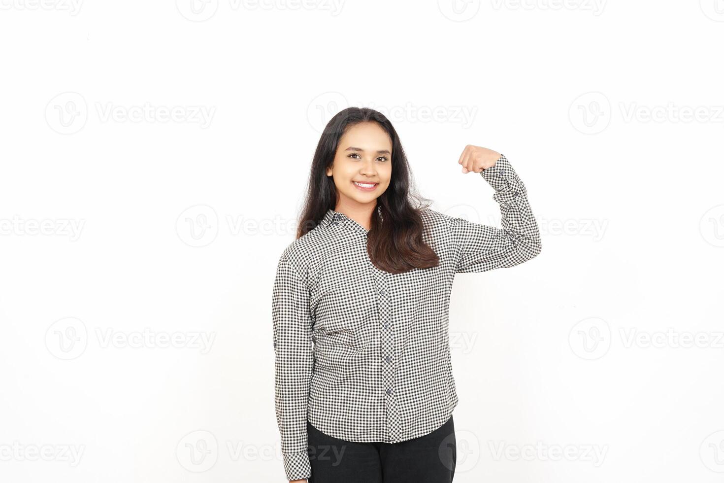 A woman in a shirt flexing her bicep photo