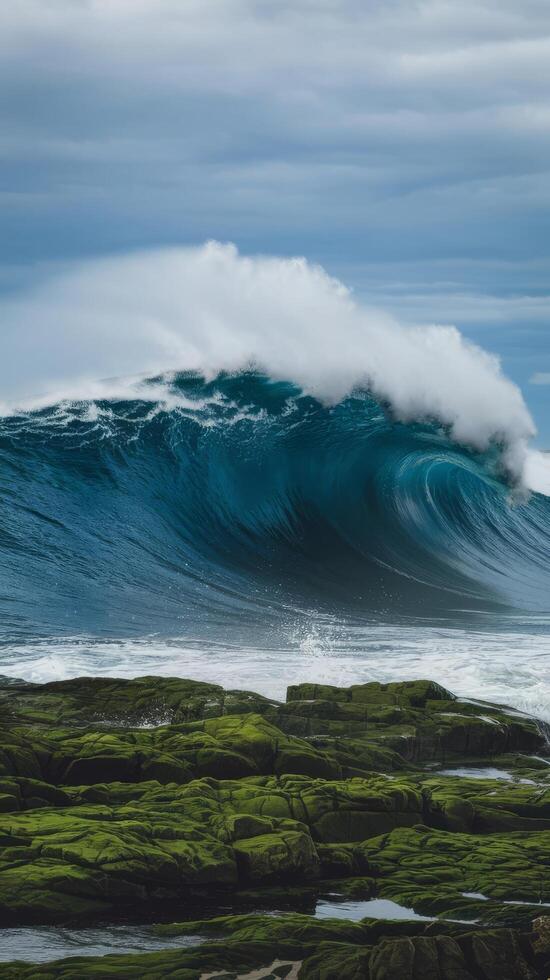 A large wave is breaking on the rocks photo