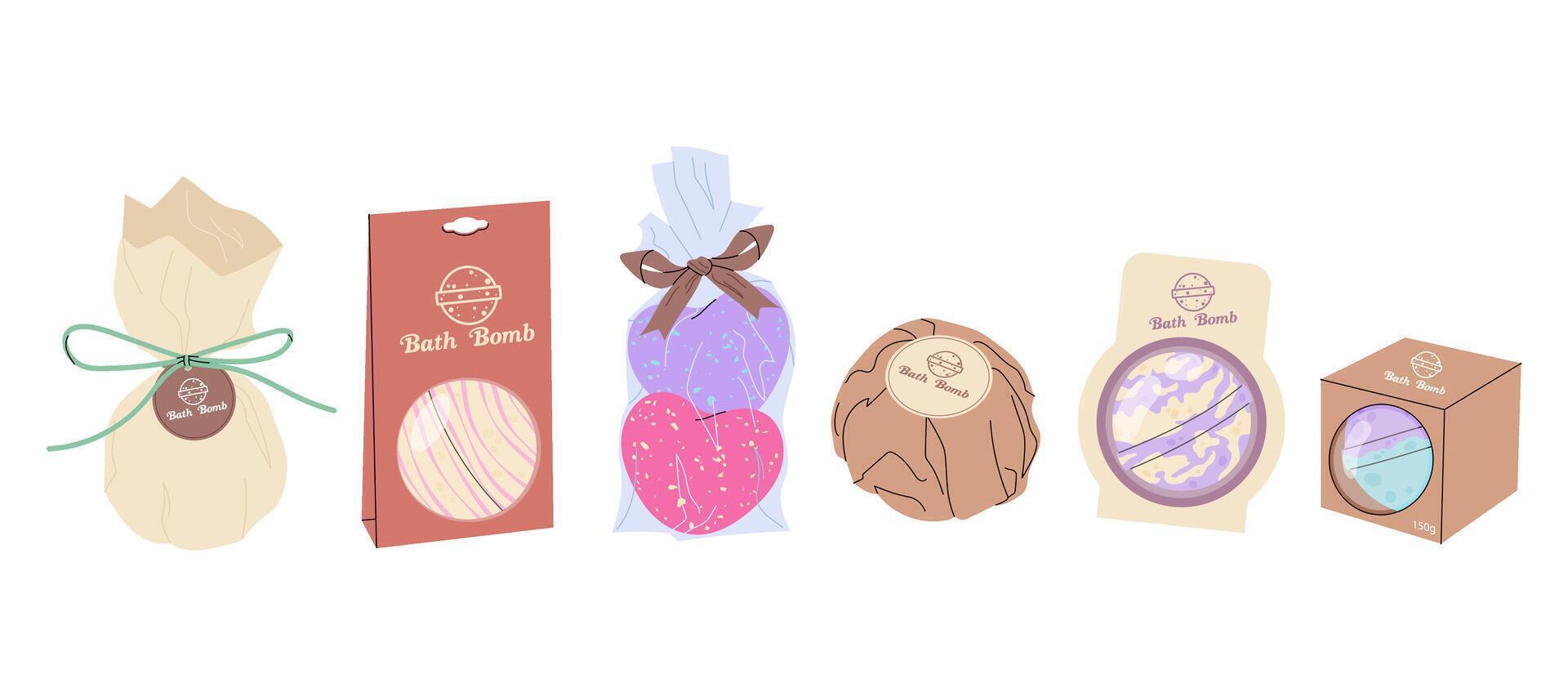Set of different packs of bath bombs. Cosmetic product. Body care, spa, relaxation. Packing paper, sachet, cardboard box for product design. vector