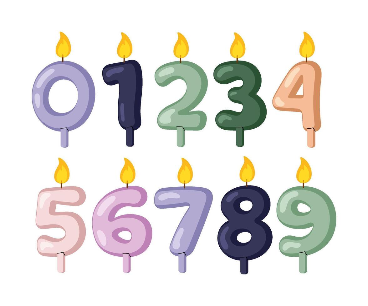 Set Happy Birthday candle numbers. Birthday cake decorative elements with burning lights, anniversary celebration. vector
