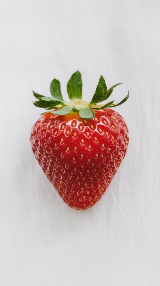 A strawberry is shown on a white surface photo