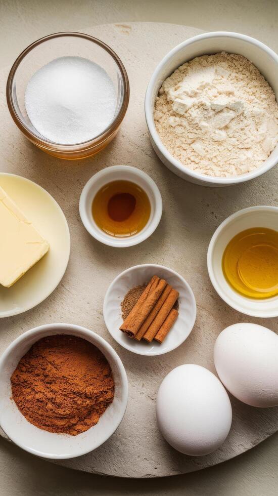 Ingredients for a cake on a table photo