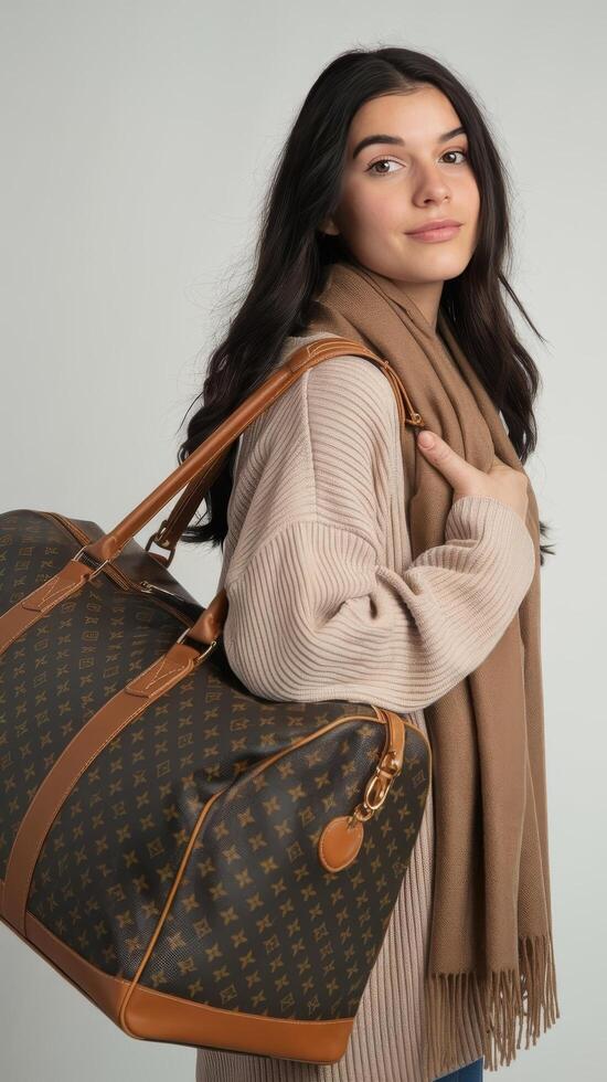 A woman in a sweater and scarf holding a louis vuitton bag photo