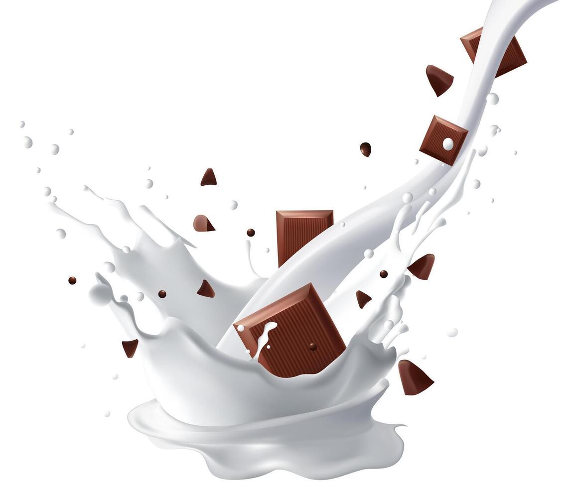 chocolate bar with milk splashes on a white background Realistic vector