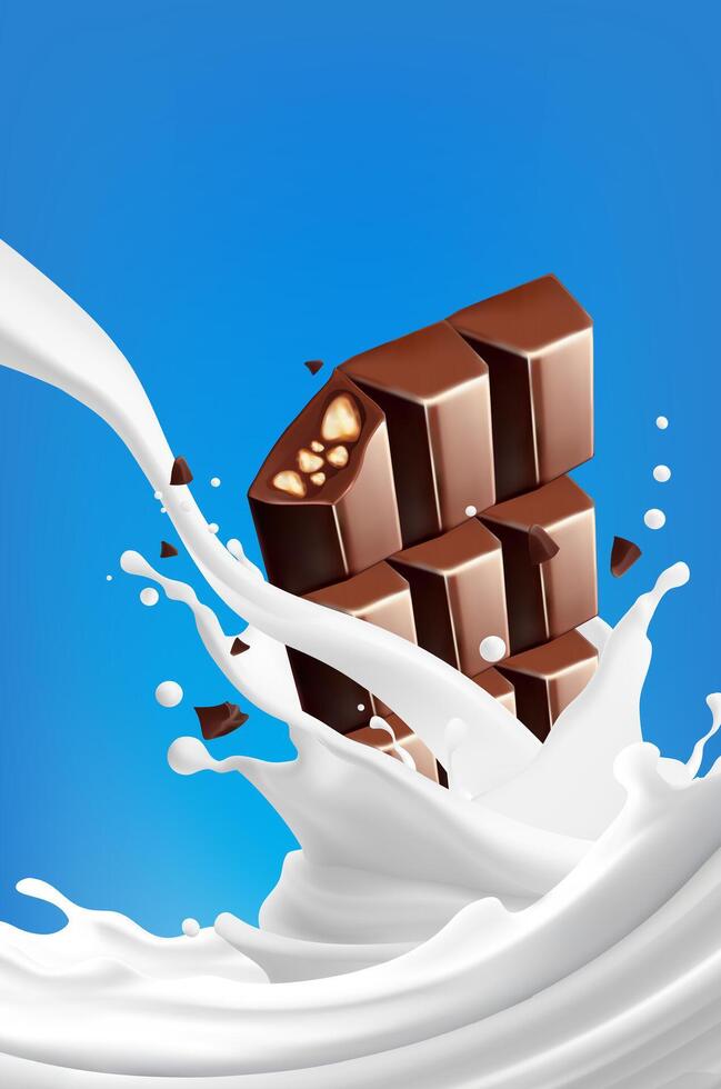 Milk splashing Chocolate liquid in the middle isolated on background realistic Food concepts vector