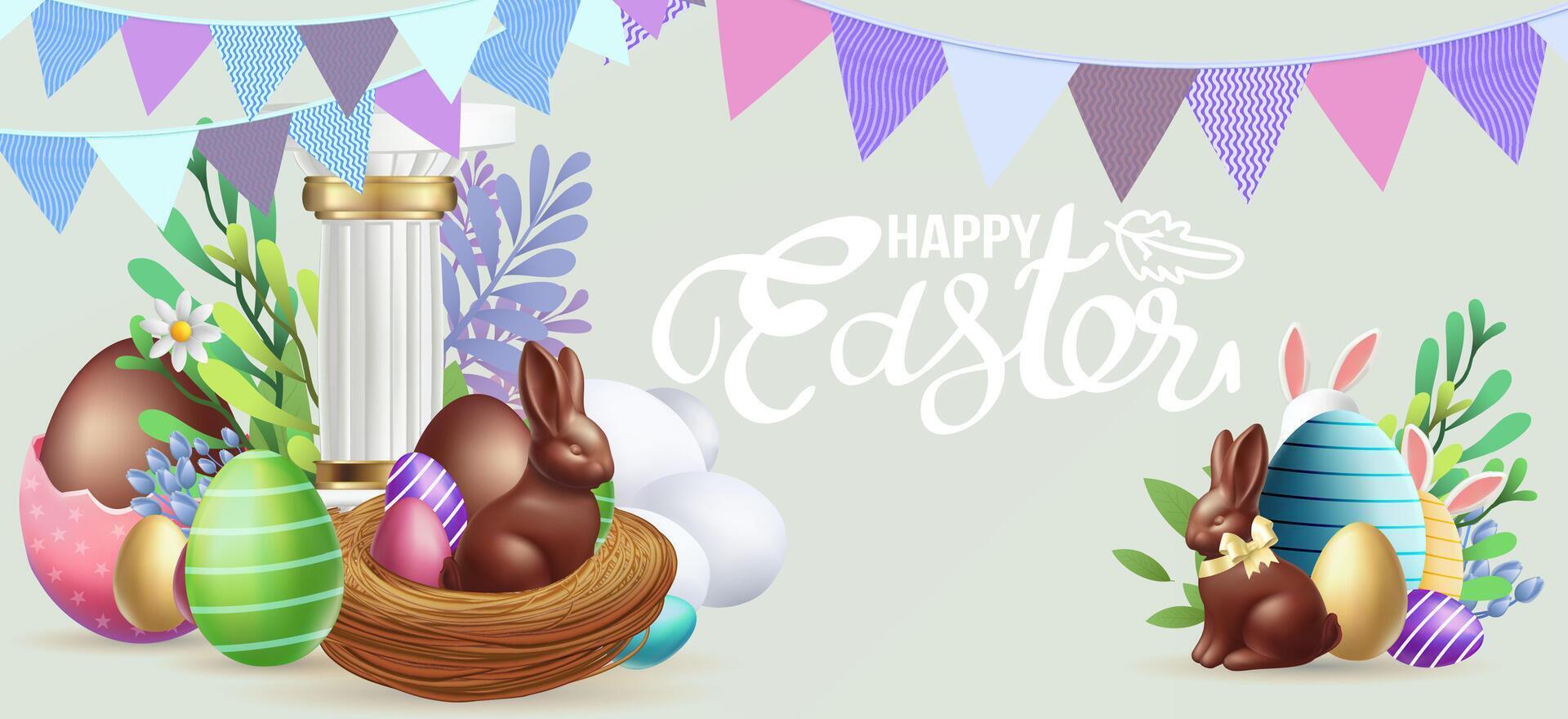 Easter poster and banner template with Easter eggs in the nest on background.Greetings and presents for Easter Day in flat lay styling.Promotion and shopping template for banner web poster flyer vector