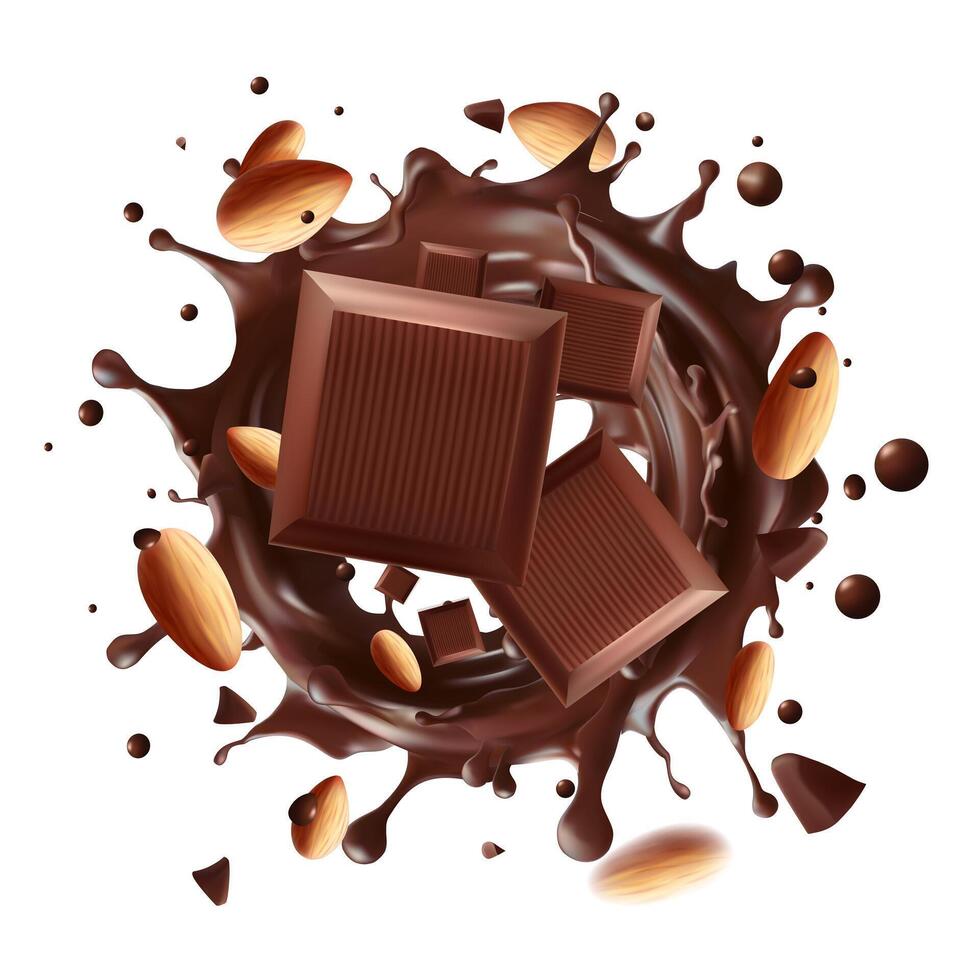 Almond nut with Chocolate bar and chocolate splash. Almond milk, dairy product. isolated on white background. Realistic Mesh gradient is used vector