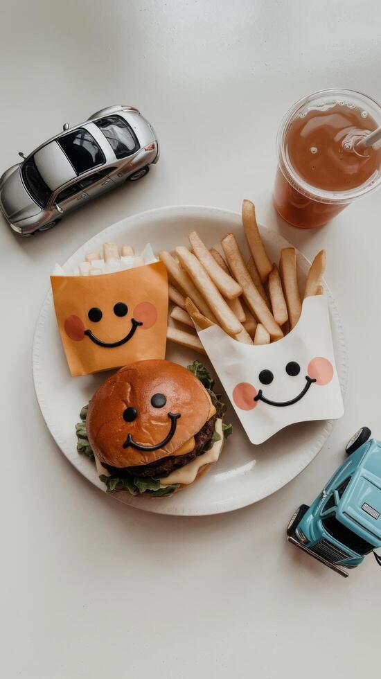 A plate with a hamburger and french fries with a car photo