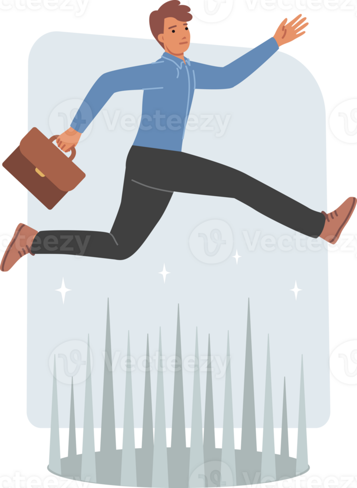 Challenge for business man jumping over dangerous obstacle on path to success and career growth. Man manager over trap with sharp spikes, symbolizing challenge for professional from corporate company png