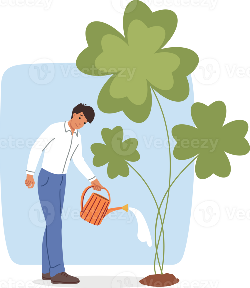 Business man waters large clover, taking care of developing own luck to accumulate capital in future. Business guy grows money tree to increase chances of getting high income and career growth png