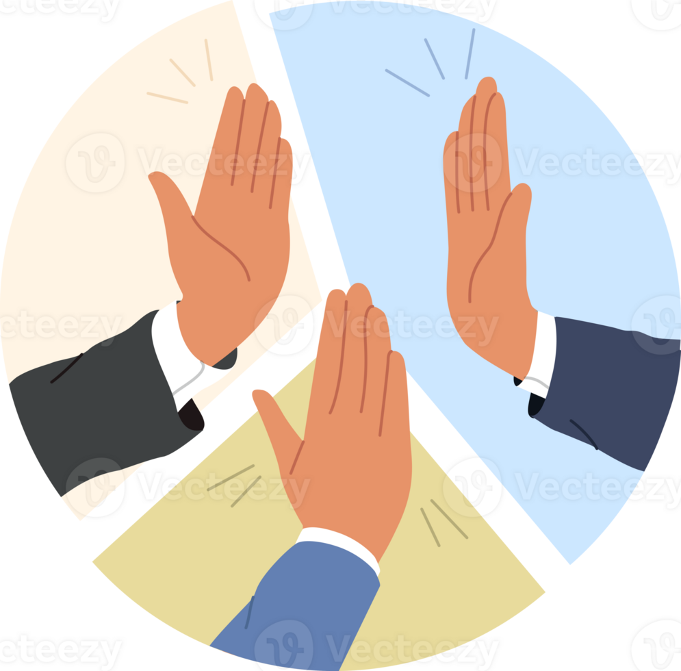 Hands of business people showing synergy and high-fiving inside statistical diagram, thanks to successful partnership. Corporate synergy of office managers working together to achieve ideal results png