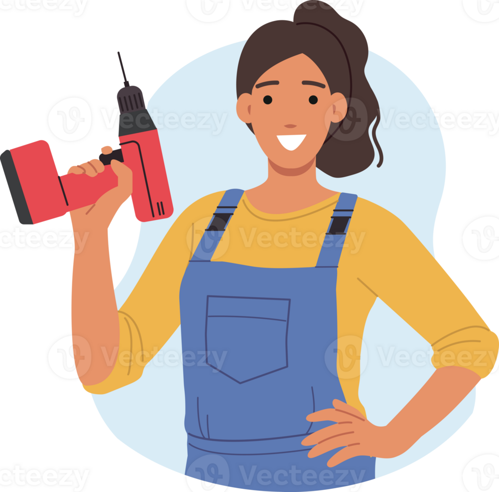 Happy female repairman holding electric screwdriver or drill and smiling looking at screen. Girl repairman or auto mechanic invites you to visit car repair shop for vehicle maintenance. png