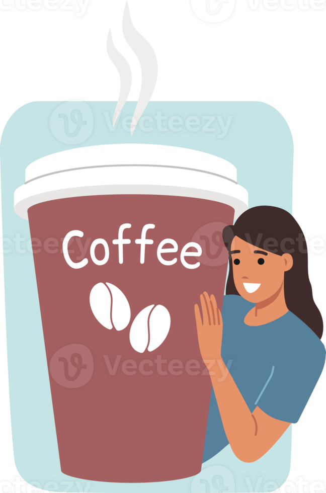 Large paper glass of coffee near smiling woman who drinks invigorating aromatic drink after waking up. Takeaway coffee from street coffeeshop that allows you to warm up on way to work or university png