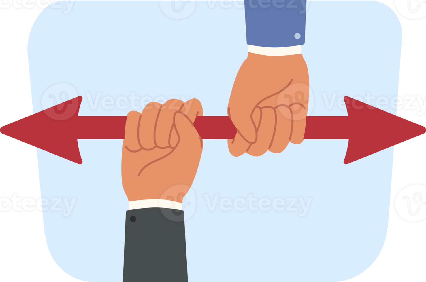 Business conflict between managers who hold arroow in hands and who want to dominate management of corporation. Business conflict people due to lack of teamwork and desire to lead group png