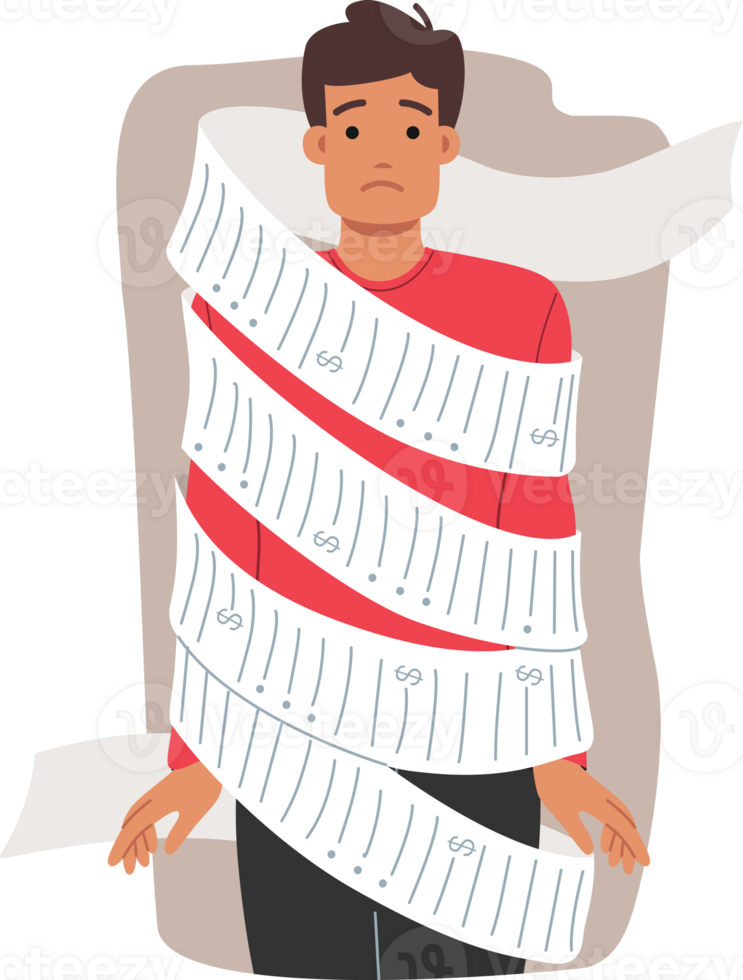 Large bills worry man wrapped in long check, suffering due to inflation and rising food prices. Inflation and demands for payment for positions cause depression in guy with sad face. png