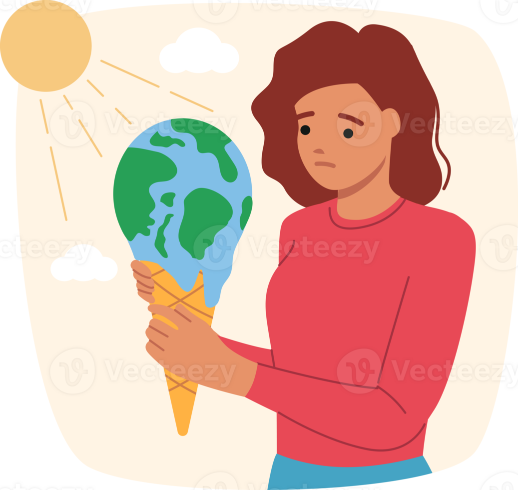 Global warming negatively affects planet earth and melts globe held by sad woman volunteer. Problem of global warming and climate change caused by co2 emissions into air and air pollution png