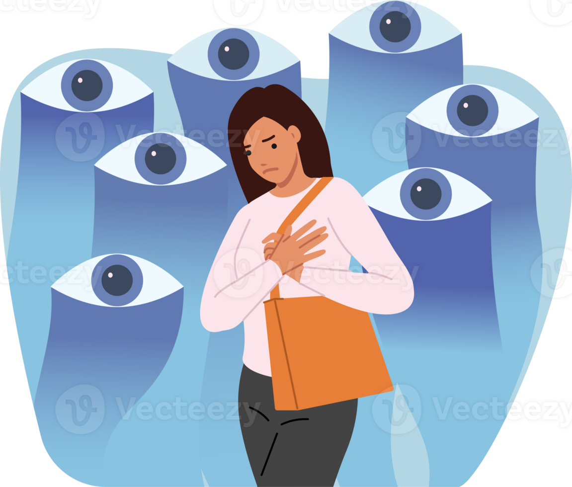 Woman feels surveillance of society, stands near giant eyes that violate personal space. Public control and surveillance causes depression and pressure, which negatively affects psychological state png