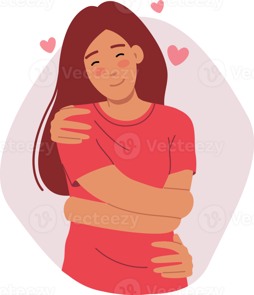 Self-love and respect for mental health are demonstrated by woman hugging own body. Self-love helps girl maintain good mood and avoid stress or depression that destroys personality. png