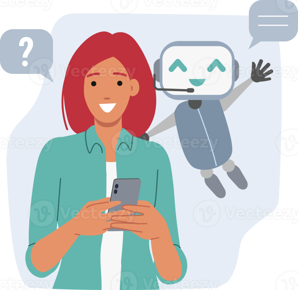 Chatbot helps woman through mobile application on phone, providing advice and technical support. Online chatbot for solving customer issues, equipped with artificial intelligence or ai technology png