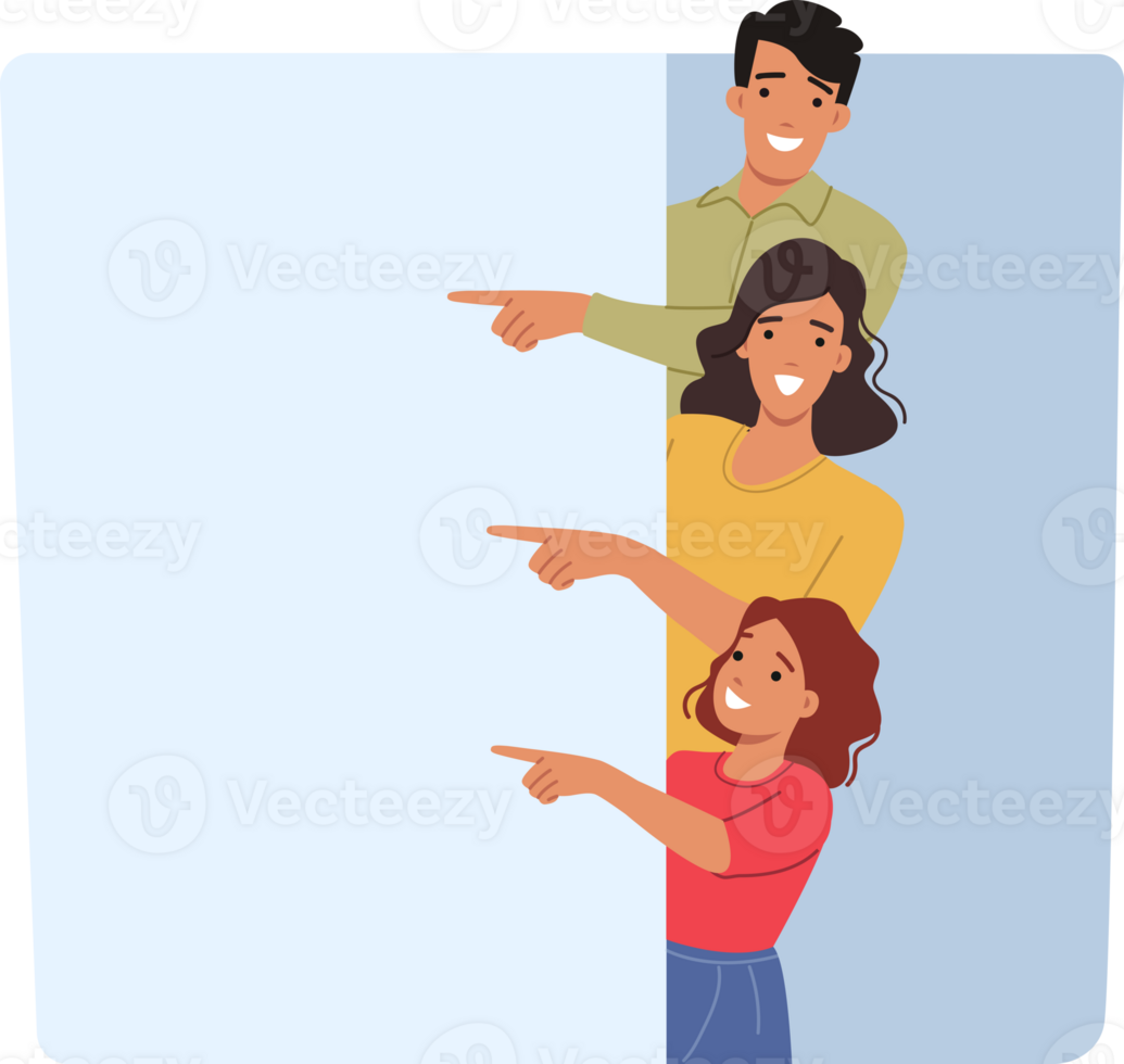 Happy family showing white banner and pointing with finger at place to commercial offer. Announcement from positive family with advertising account for marketing campaign and attracting customers png