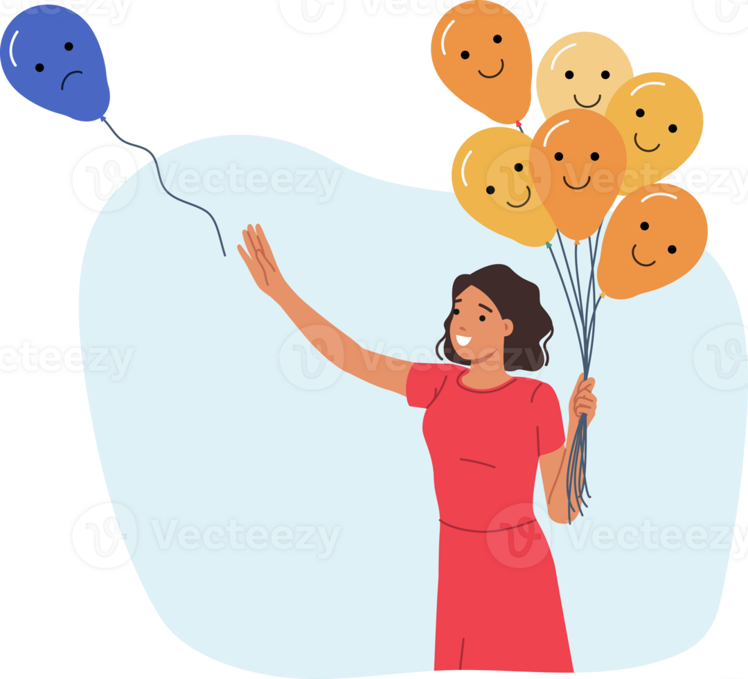Woman releasing negative emotions in form of balloon with sad grimace to take care of psychological wellbeing. Girl with good psychological health strives to get rid of stress and depression png