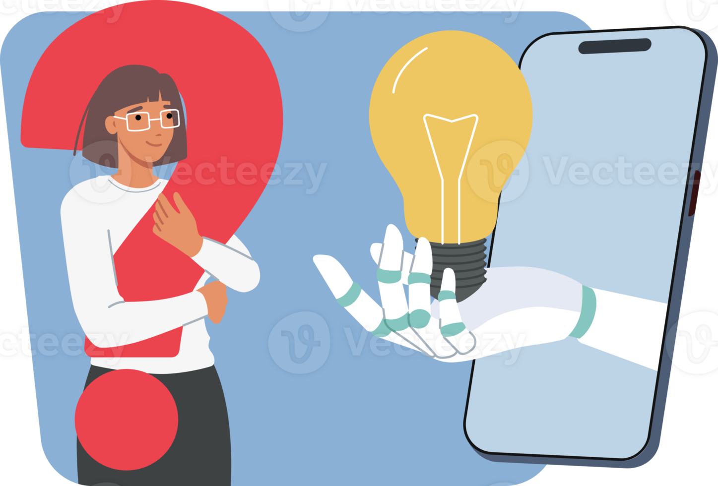 Idea is proposed by chatbot with artificial intelligence, poking light bulb out of smartphone for business woman. Positive girl uses chatbot with neural network to brainstorm and plan future png