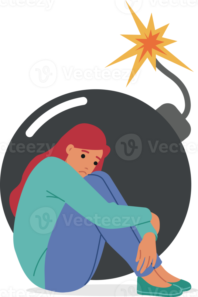 Stress and depression in upset woman sitting near large bomb symbolizing presence of serious problems. Girl experiences stress and apathy caused by social pressure or romantic failures png