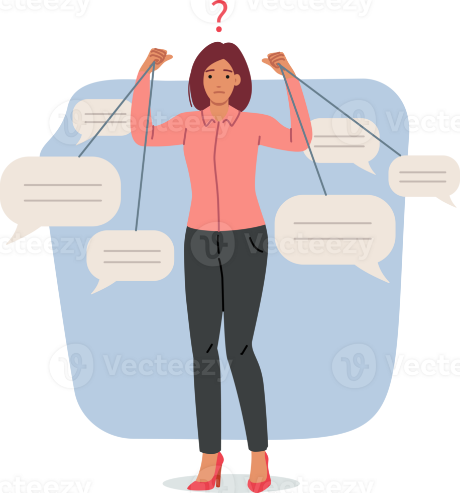 Woman victim of public opinion holds dialogue clouds in form of comments in hands. Confused girl manipulates public opinion using puppet master strings for misinformation and spreading fake news png