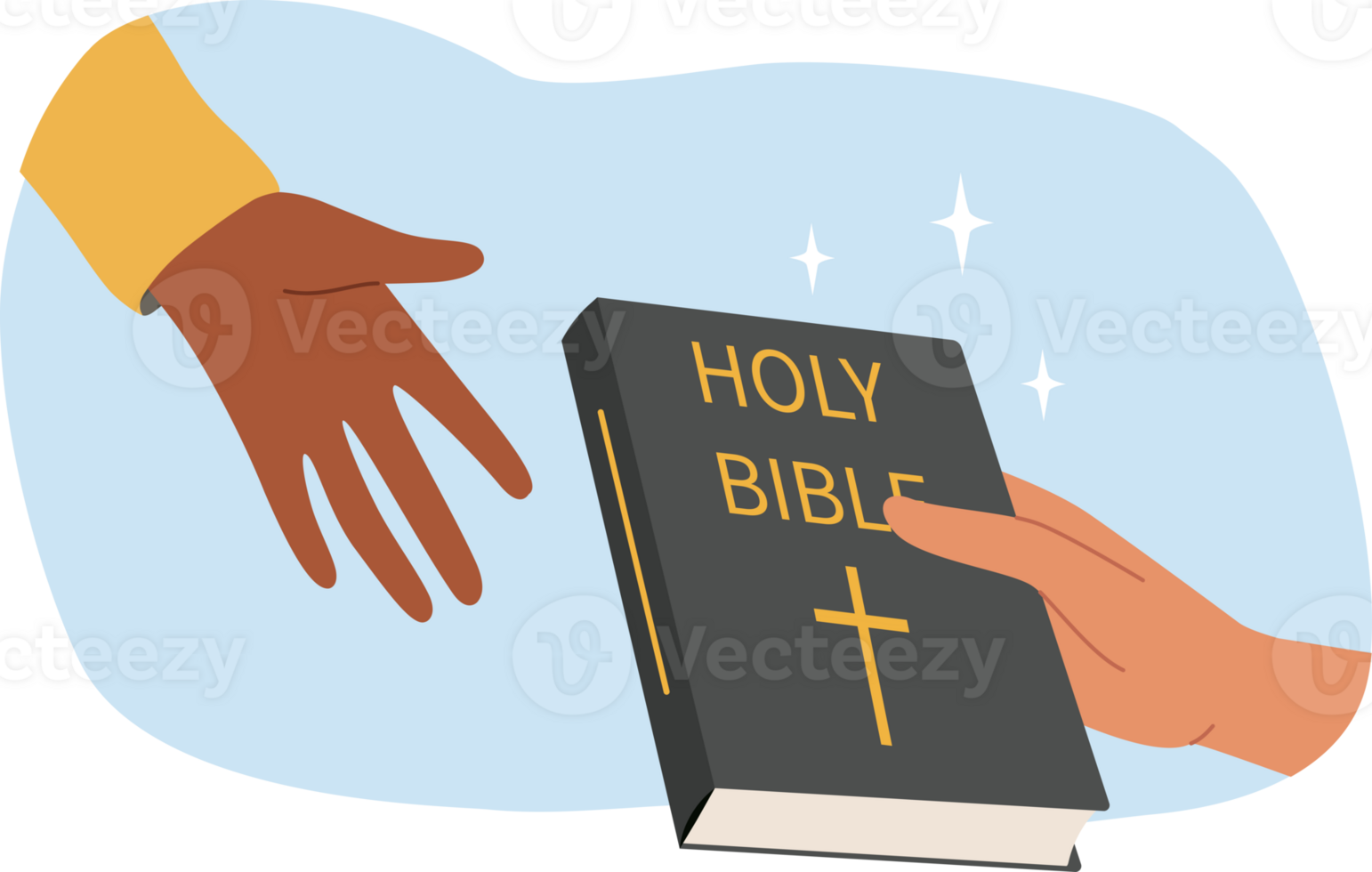 Holy bible in hand of believer handing over book of prayers or gospel to another person for salvation. Book of bible with christian crucifix on cover for search for truth and salvation png