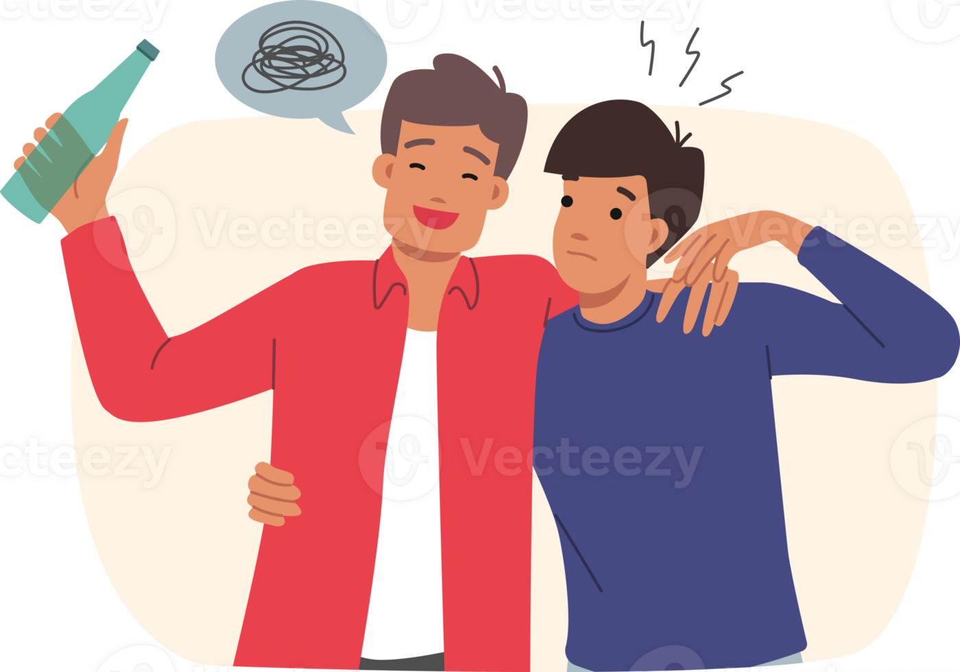 Man is leading drunk friend with bottle in hand, helping him get home after party. Guy accompanies drunk friend who is addicted to beer or vodka and suffers from lack of willpower. png