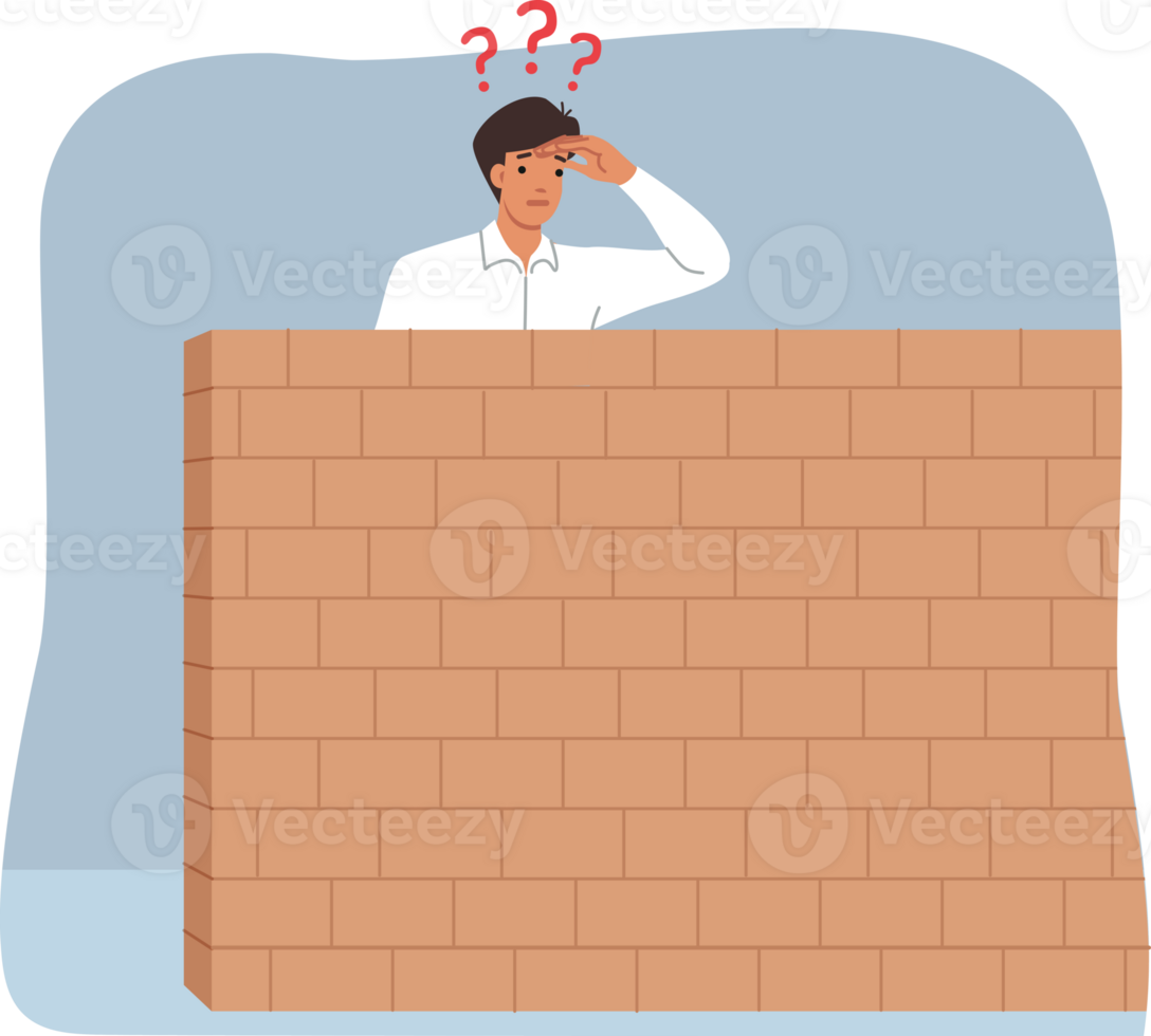 Business man looks behind stone barrier in search of new opportunities for career growth. Curious guy stands near barrier and wonders how to overcome problems that have arisen on path to success. png