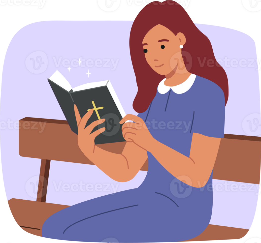 Woman reads bible sitting on park bench and studying religious rules and history of christianity. Book of bible with catholic crucifix on cover in hands of smiling girl studying gospel png