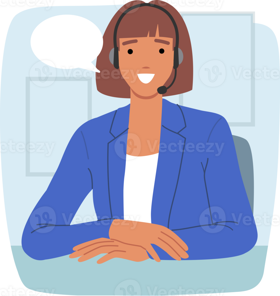 Woman call center operator smiles, sitting at office desk, using headset to consult clients via IP telephony. Girl customer support operator looks at screen, happy to work in hotline png