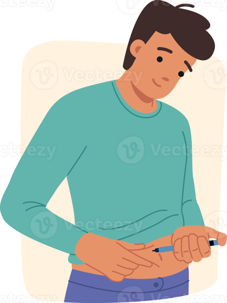 Man does diabetes insulin test by sticking syringe into stomach to prevent sugar control. Guy struggling with diabetes to avoid complications and occurrence of severe form of disease that causes death png
